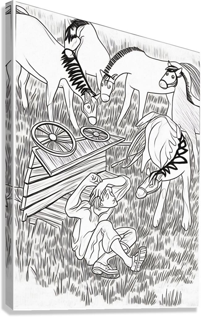 boy horses wagon pen sketch 2408227  Canvas Print
