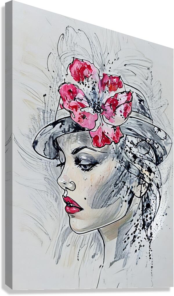 ArtXcl 334 portrait woman red lips flower pencil Canvas Print