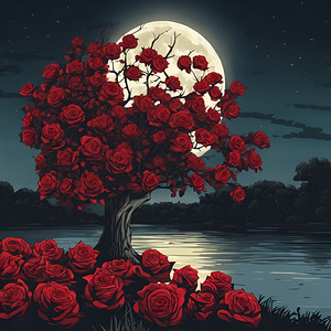 Red roses in the moonlight