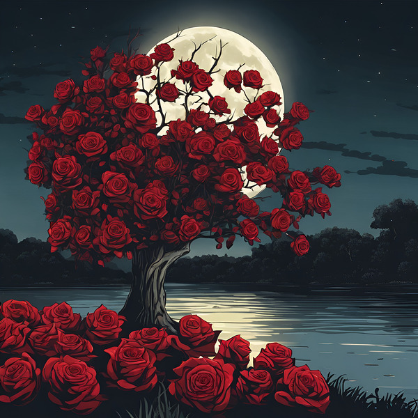 Red roses in the moonlight Print