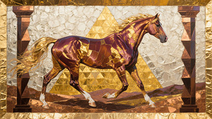 Golden Maroon Horse Motion Gold Bronze Foil Impasto Painting Metallic Relief Art