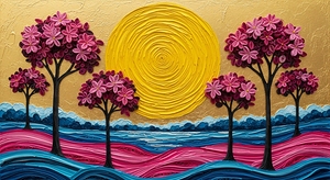 The Tree and the Moon: Hot-Pink Hills and Golden Reflections in a Paper Impasto Nightscape