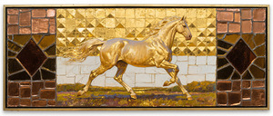 Golden Horse Motion Gold Bronze Foil Impasto Painting Metallic Relief Art