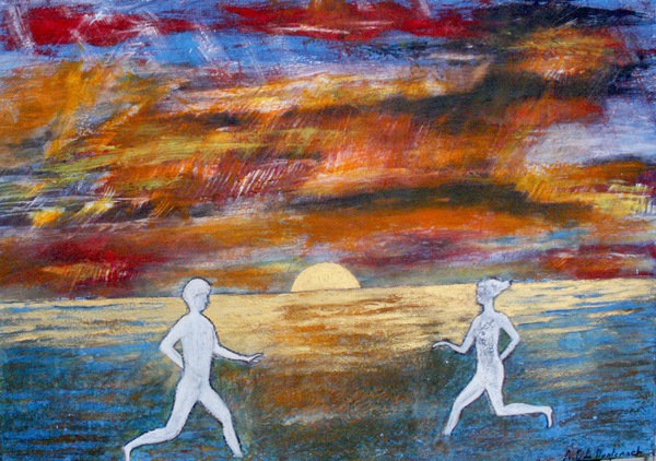 Homme et femme au coucher de soleil courant lun vers lautre dans leau by Anneda