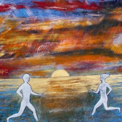 Homme et femme au coucher de soleil courant lun vers lautre dans leau