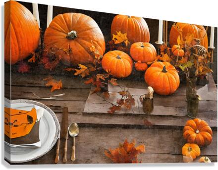 Orange pumpkins on table Canvas Print