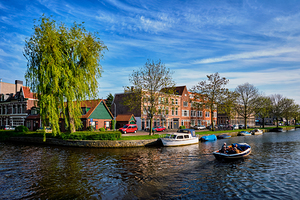 Boats houses and canal. Harlem Netherlands