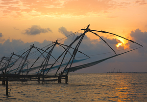 Chinese fishnets on sunset. Kochi Kerala India