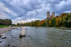 Isar river park and St Maximilian church from Reichenbach Bridge. Munchen Bavaria Germany.