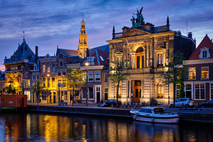 Canal and houses in the evening. Haarlem Netherlands