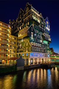 Inntel Hotel in Zaandam illuminated at night Netherlands