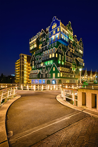 Inntel Hotel in Zaandam illuminated at night Netherlands