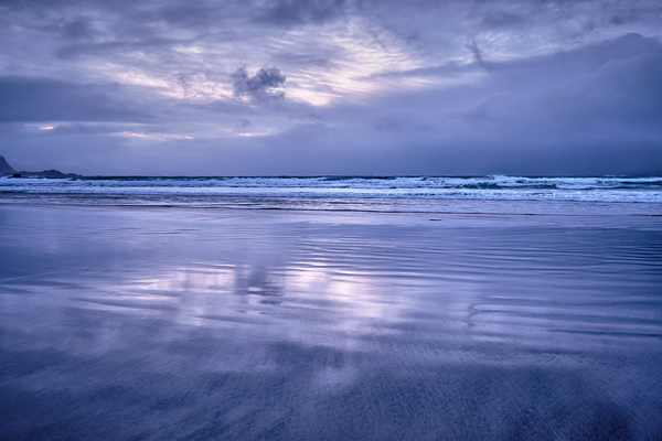 Skagsanden beach on sunset Lofoten islands Norway by Dmitry Rukhlenko