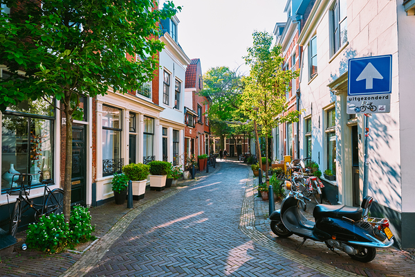 Street with old houses in Haarlem Netherlands by Dmitry Rukhlenko