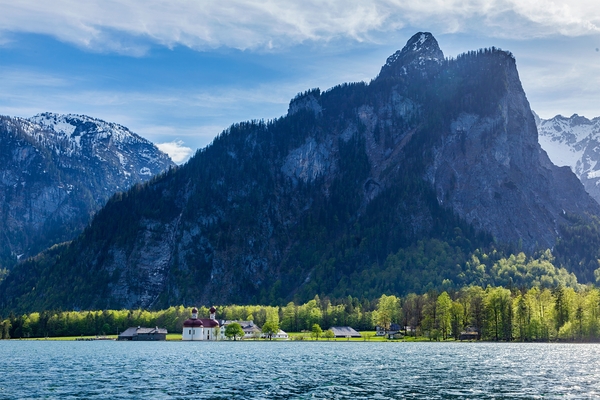 Koningsee lake and St. Bartholomews Church Germany by Dmitry Rukhlenko