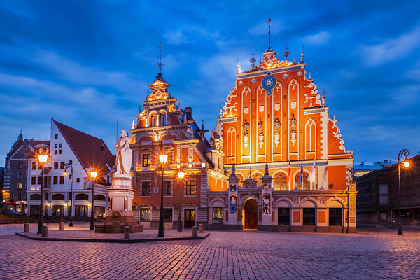 Riga Town Hall Square House of the Blackheads and St. Peters Church by Dmitry Rukhlenko