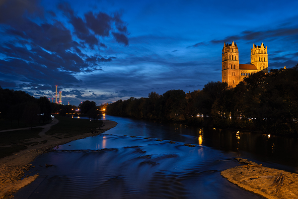 Isar river park and St Maximilian church from Reichenbach Bridge. Munchen Bavaria Germany. by Dmitry Rukhlenko