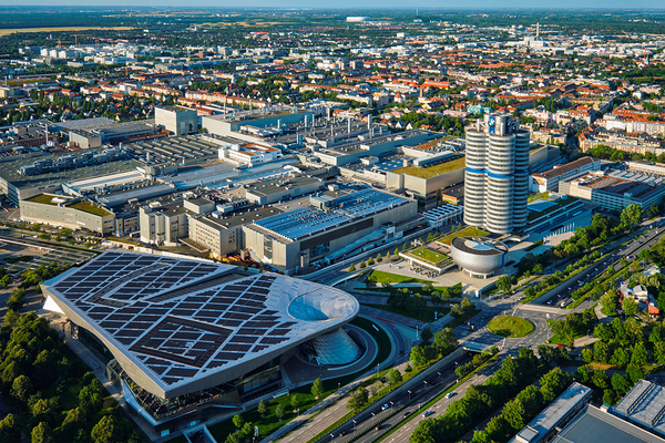 Aerial view of BMW Museum and BWM Welt and factory. Munich Germ by Dmitry Rukhlenko