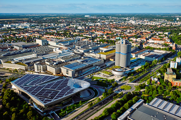 Aerial view of BMW Museum and BWM Welt and factory. Munich Germ by Dmitry Rukhlenko