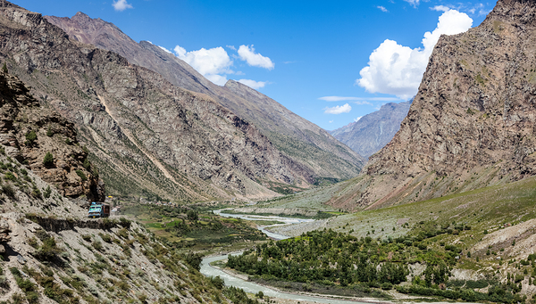 Manali Leh road in Indian Himalayas with lorry. Himachal Pradesh India by Dmitry Rukhlenko