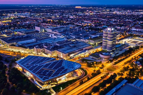 Aerial view of BMW Museum and BWM Welt and factory. Munich Germ by Dmitry Rukhlenko