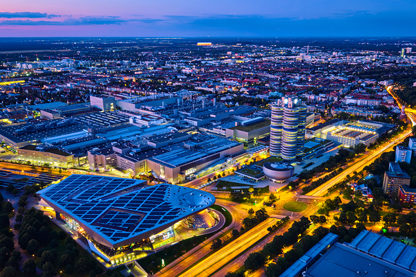 Aerial view of BMW Museum and BWM Welt and factory. Munich Germ by Dmitry Rukhlenko