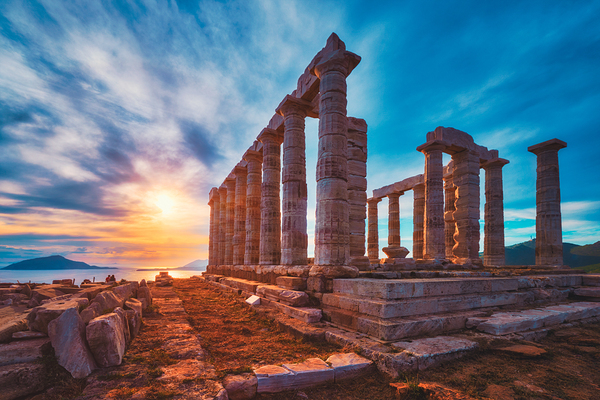 Poseidon temple ruins on Cape Sounio on sunset Greece by Dmitry Rukhlenko