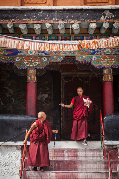 Tibetan Buddhist monks ascending the stairs in Spituk monastery by Dmitry Rukhlenko