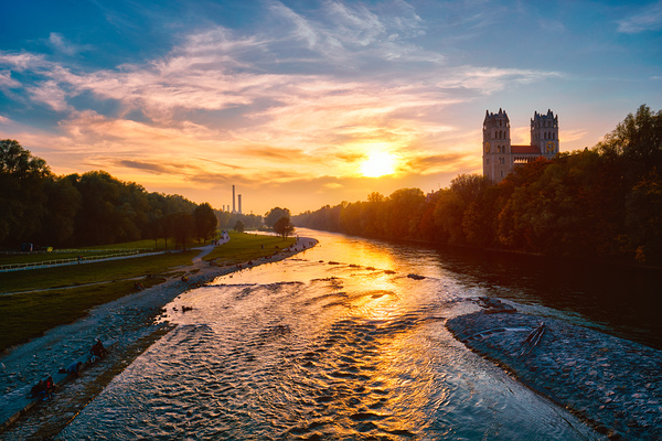 Isar river park and St Maximilian church from Reichenbach Bridge. Munchen Bavaria Germany. by Dmitry Rukhlenko