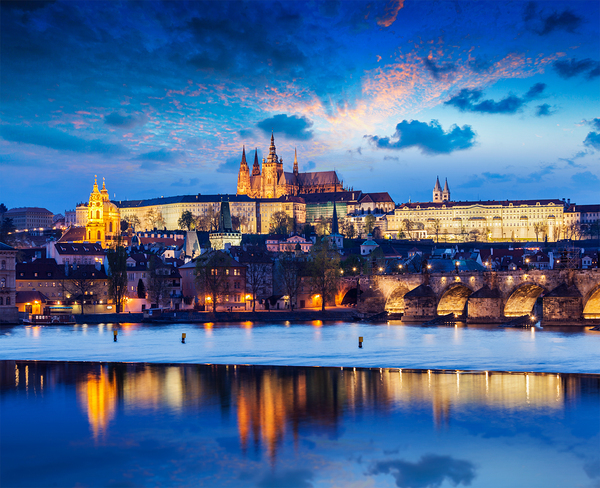 Charles Bridge and Prague Castle in twilight Print
