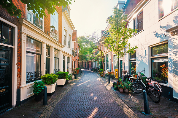 Street with old houses in Haarlem Netherlands by Dmitry Rukhlenko