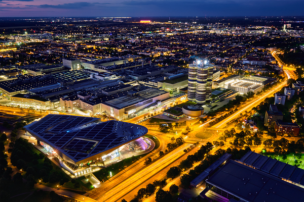 Aerial view of BMW Museum and BWM Welt and factory. Munich Germany by Dmitry Rukhlenko