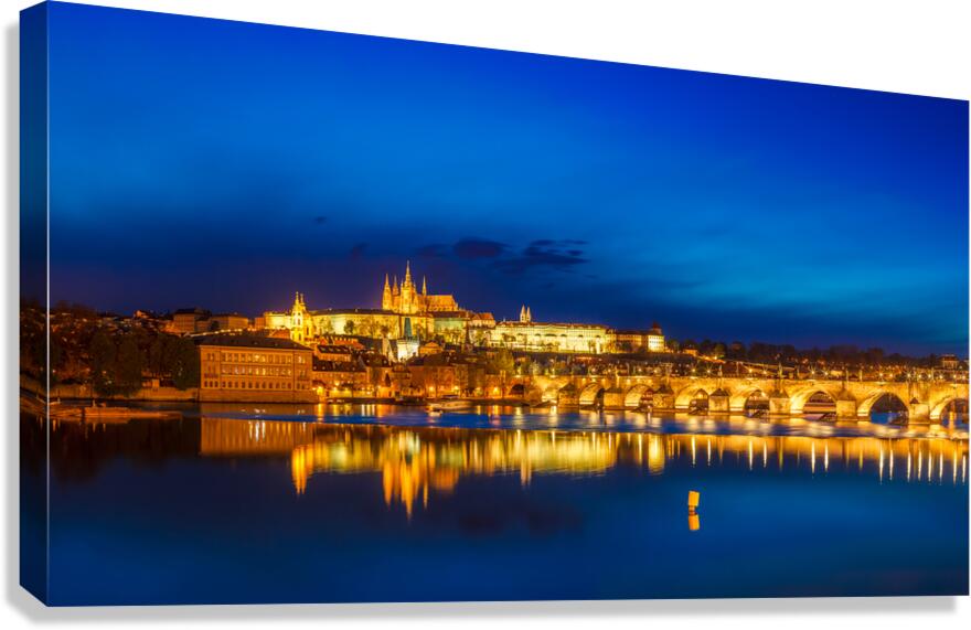 View of Charles Bridge Karluv most and Prague Castle Prazsky hrad in twilight. Panorama Canvas Print