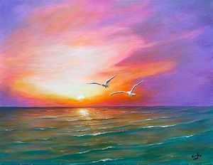 Seagulls over sunset sea