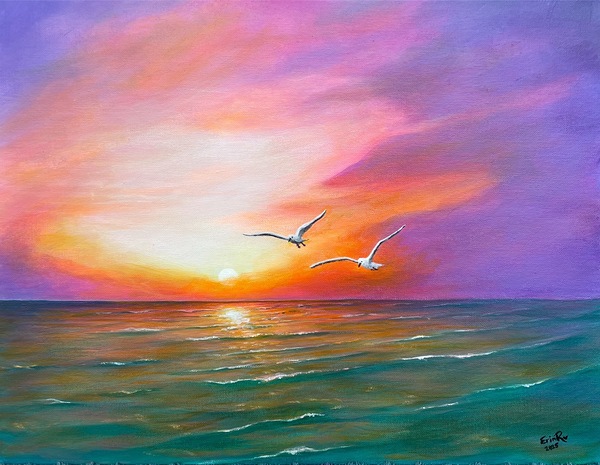Seagulls over sunset sea by Erin Randall