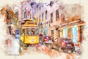 city life of Lisbon  Portugal in sketch style
