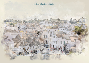 village Alberobello Italy  in watercolor sketch style