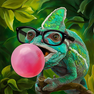A chameleons wearing glasses and blowing a bubble