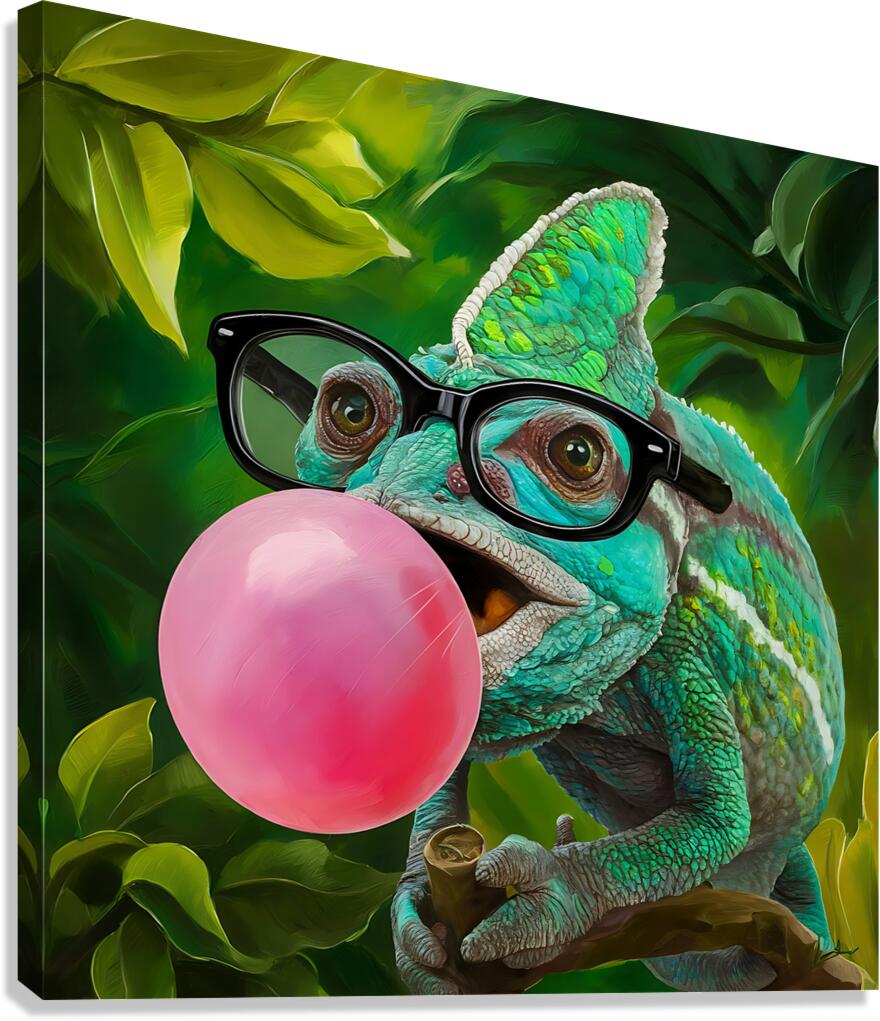 A chameleons wearing glasses and blowing a bubble Canvas Print