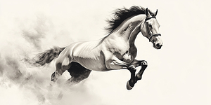 White horse stallion runs gallop over bright background	