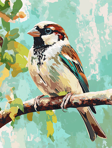 A vintage style drawing of a small sparrow sitting on a branch