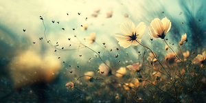 Cosmos field with clear blue sky in the wind blowing for natural background.	