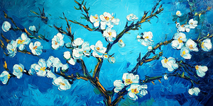 Blossoming Almond Tree. Beautiful oil painting on canvas. Based on the great painting . Brush strokes and canvas textures .