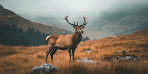 Beautiful brown deer with large horns  against a backdrop of a mountain landscape and a blue sky. 