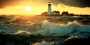 Lighthouse In Stormy Landscape at sunset