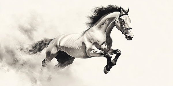 White horse stallion runs gallop over bright background	 Print