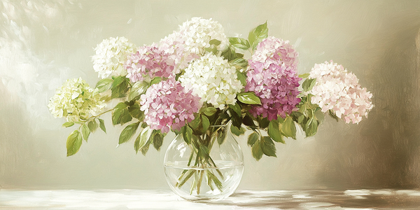 Beautiful white and pink hortensia flowers in vase on table	 Print