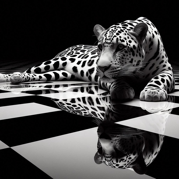 Safari Cat Print – Leopard on Checkered Floor Minimalist Wall Art by DesignedByM