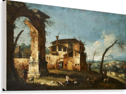 Capriccio View with Ruins of an Arch and Farmhouses Canvas Print