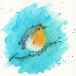 Robin in the blue watercolor painting